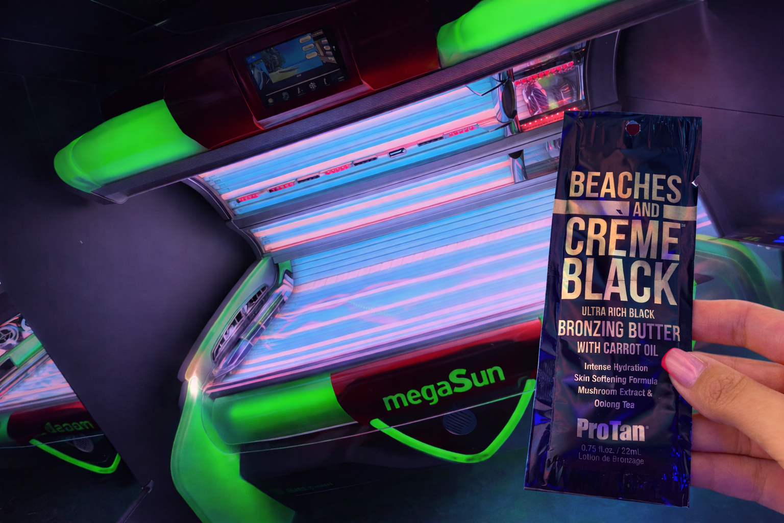 Beaches and Creme Black held up in front of the lit megaSun 8000
